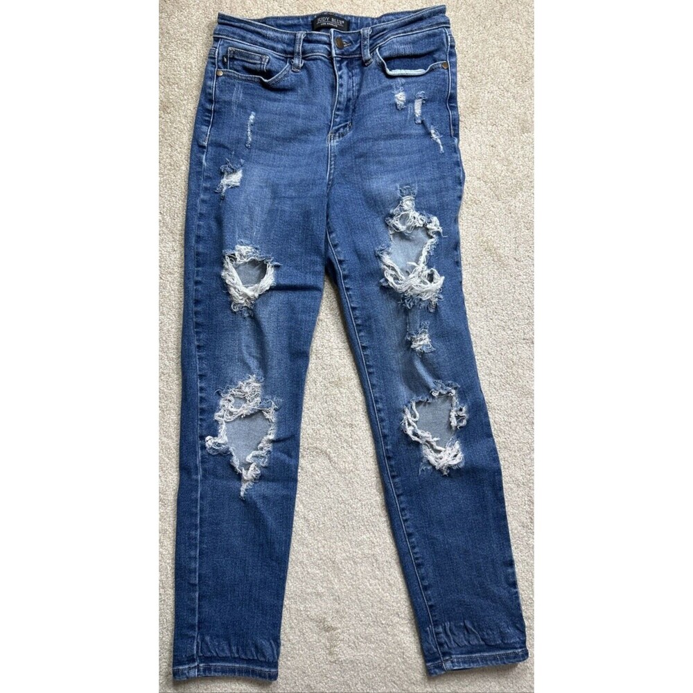 Judy Blue Jeans Women's Sz 5/27 Blue Boyfriend Distressed Faded Stretch Comfort!